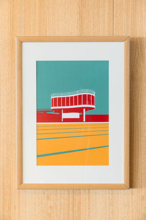 "Hot Modernism" poster of a mid-century public swimming pool in red, yellow and teal