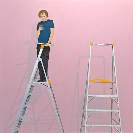 Painting of a person standing on a ladder against a pink wall, looking at their phone, with a second empty ladder beside them.