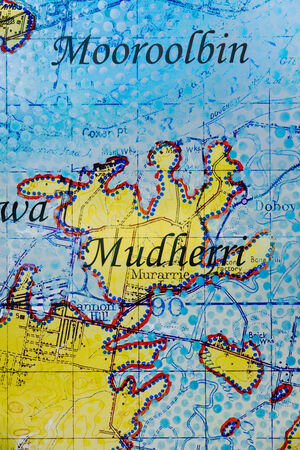 "MAIWAR Yunggulba" by Megan Cope; the image shows a close up of Mooroolbin and Mudherri on a map