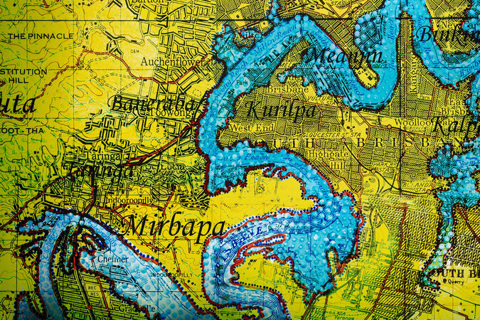 "MAIWAR Yunggulba" by Megan Cope; the image shows a close up of Kurilpa and Mirbapa on a map