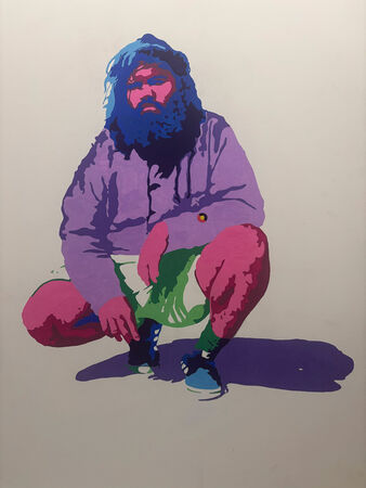 Colourful pop-art style portrait of a bearded person squatting, with vivid shades of purple, pink, blue, and green.