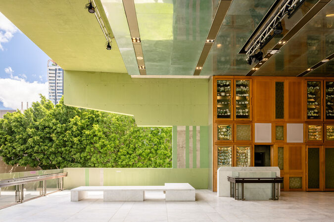 Queensland Terrace at State Library of Queensland; it is a large verandah in marble, green concrete, and timber cabinetry