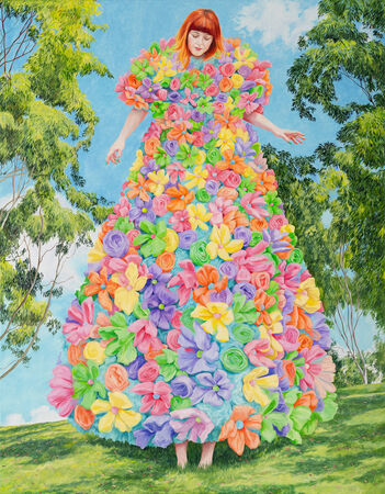 Painting of a woman with red hair wearing a large dress made entirely of bright, oversized flowers, standing outdoors on grass.