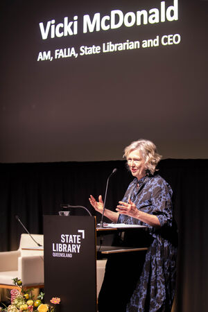 Vicki McDonald AM, FALIA, State Librarian and CEO at the podium at Research Reveals