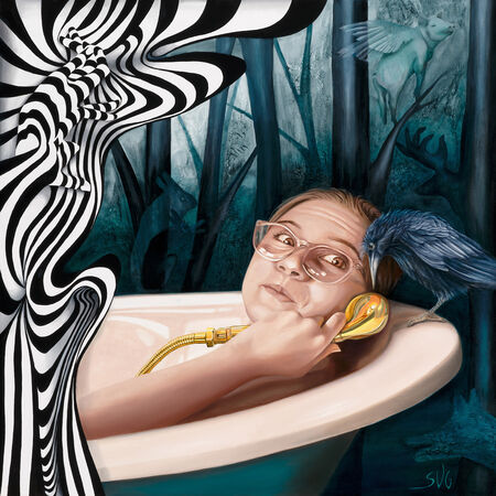 Surreal painting of a person in glasses lying in a bathtub, holding a golden shower head like a phone, with a raven perched nearby and swirling black-and-white patterns.