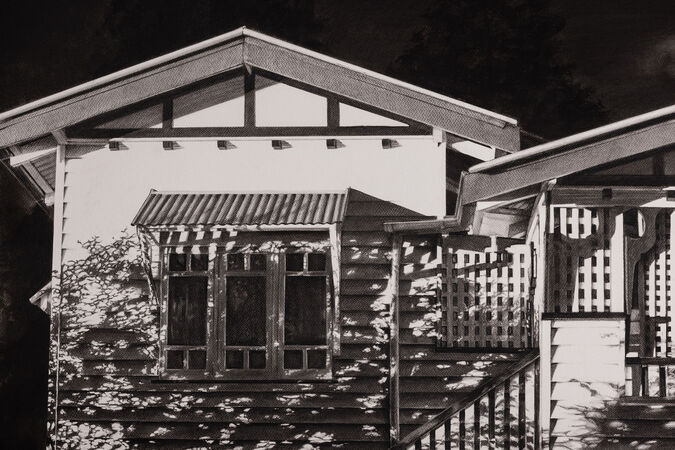 Close up of a black and white drawing of a white Queenslander at night