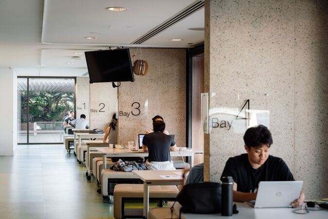 People sitting in study bays talking and working on computers