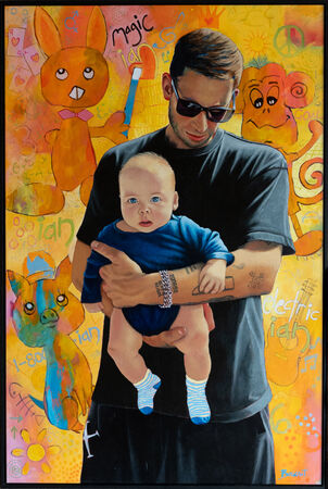 Painting of a man in sunglasses holding a baby against a bright background filled with cartoon animals, doodles, and playful words.