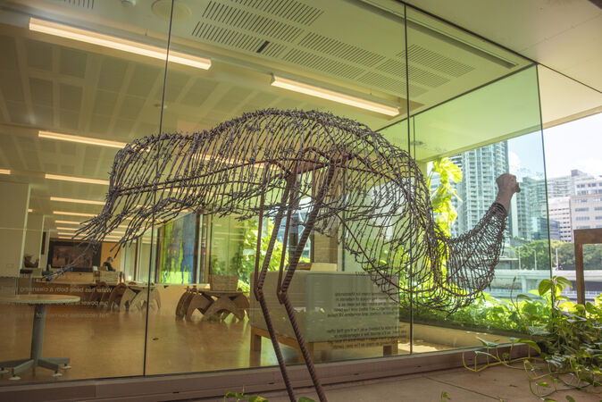 Dolly the Emu by Laurie Nilsen – a wire sculpture of an emu with a river and glassed in room in the background