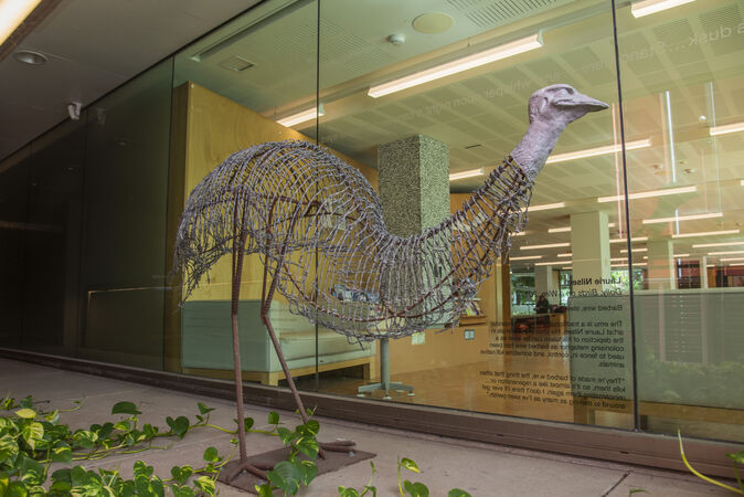 Dolly the Emu by Laurie Nilsen – a wire sculpture of an emu with a glassed in room behind it