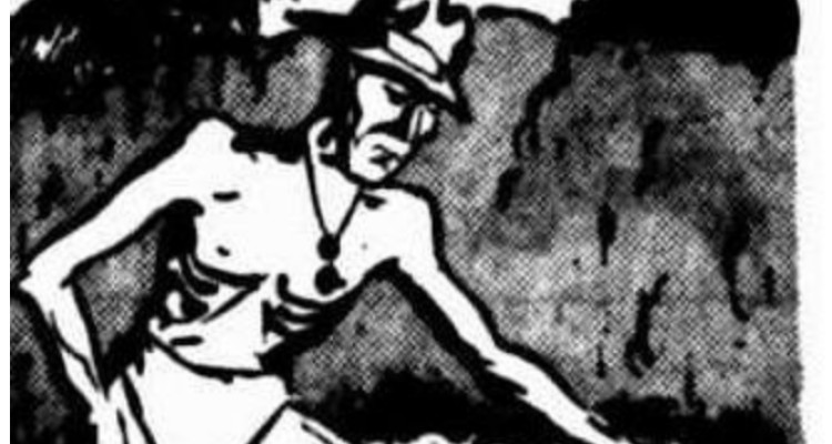 Sketch of a POW on the Thai-Burma Railway, from The Courier-Mail, 15 Aug 1947, p2.