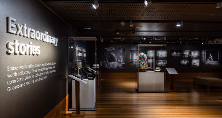 View of Extraordinary Stories exhibition, in Philip Bacon Heritage Gallery, Level 4. Photo by Josef Ruckli.
