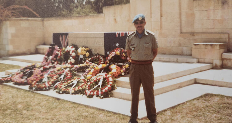Joe Cazey at Beersheba War Cemetery on Anzac Day 1983