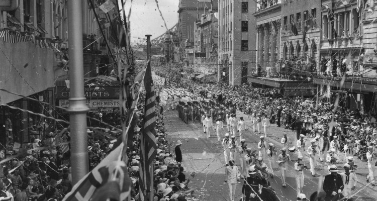 American fleet marching down Queen Street, Brisbane