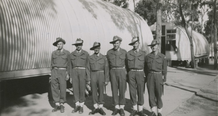 Six National Servicemen from 2nd platoon A Company, 11 National Service Training Battalion, standing in front of their platoon hut at Wacol, 1953