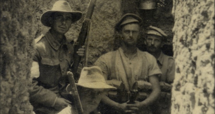 Four Australian soldiers in the trenches at Gallipoli, 1915
