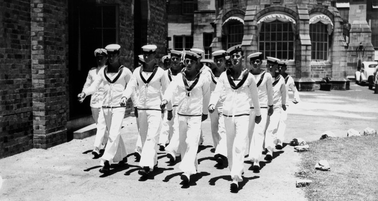 Naval men marching at St. John's Cathedral, Brisbane
