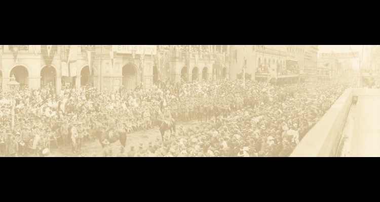 Military parade on the first Anzac Day anniversary in Brisbane, Queensland, 1916