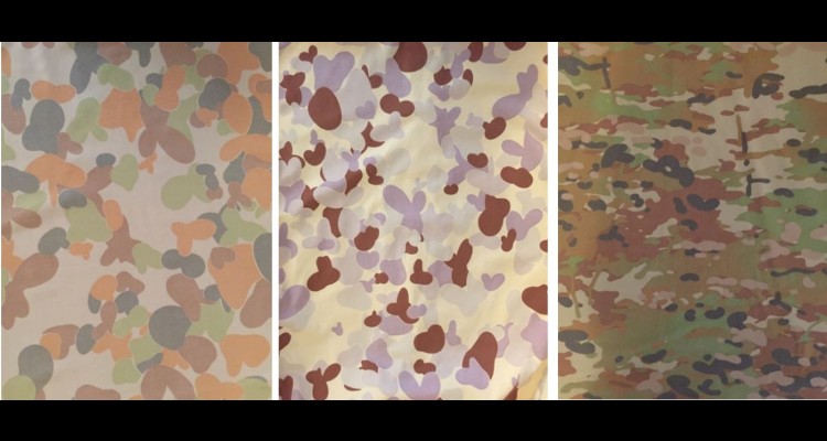 Three different types of camouflage on fabric of military uniforms