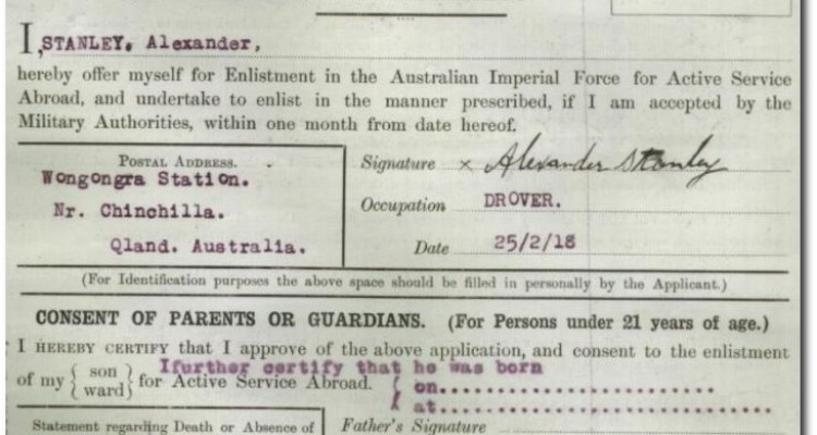 Extract from AIF service record for Alexander Stanley
