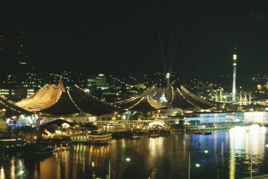Panoramic night view of Expo 88 in South Brisbane, Queensland, 1988. Photograph by Noel Pascoe.