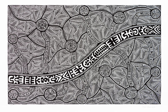 Vinyl cut printed in black ink from one block by Billy Missi. Constellation and Kinship.