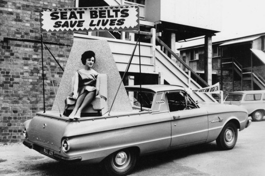 1962 Ford Falcon XL utility with advertising, 'Seat Belt Save Lives, 1962, Photographer unknown, John Oxley Library, SLQ, Negative no. 116125