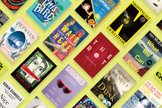 Rows of book covers are laid out on a bright green background