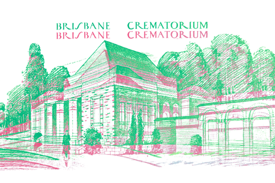Illustration of Brisbane Crematorium in pink and green tones. It features a historic building surrounded by trees, evoking a serene atmosphere.