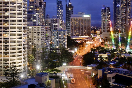 Looking south along Surfers Paradise Boulevard at night from The Shore hotel, 2013. John Gollings.