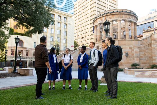 Students outside Anzac Square Memorial Galleries, Brisbane.