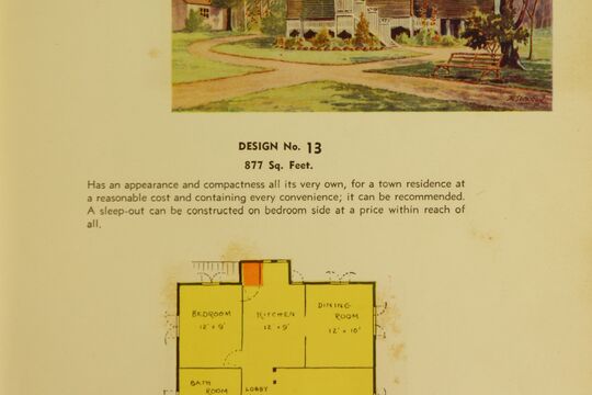 Colour page from 99 everyday homes for Queenslanders showing a sketch and plan for a Queensland home