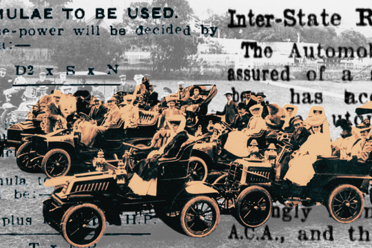 A collage of vintage cars filled with people dressed in early 1900s attire, overlaid on faded text and formulae.