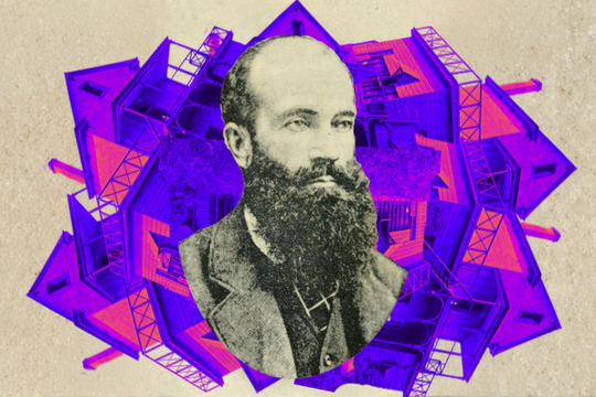 A sepia-toned portrait of a bearded man in a suit is set against a dynamic, geometric collage of vivid purple and pink architectural structures, creating a striking contrast with the neutral background.