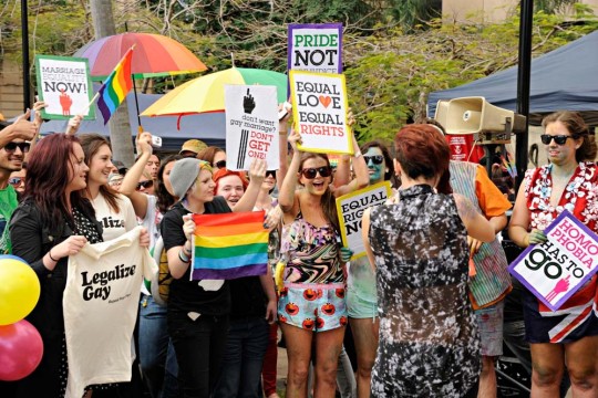 Close up of supporters after march at Marriage Equality Rally in Brisbane, 2011