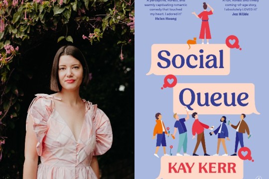 Composite image of Kay Kerr standing in a pink dress beneath an archway of pink flowers, plus the cover of her book Social Queue