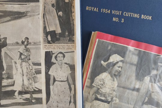 Newspaper cuttings of Queen Elizabeth’s arrival in Brisbane, March 1954