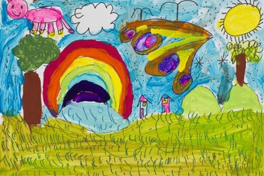 landscape drawing of 2 houses, trees, rainbow, sun and unicorn.