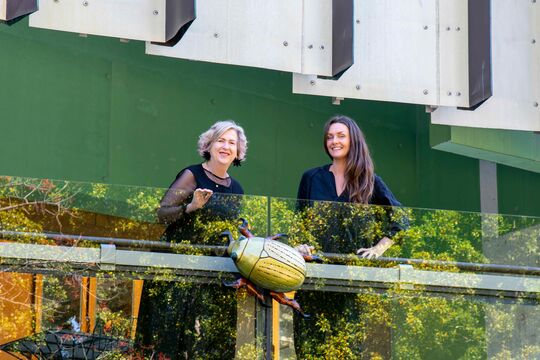 Two women standing on balcony with Christmas beetle decoration in foreground