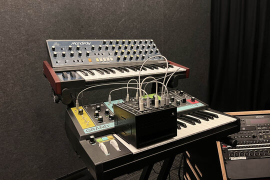A Moog Grandmother and MonoPoly synthesiser.
