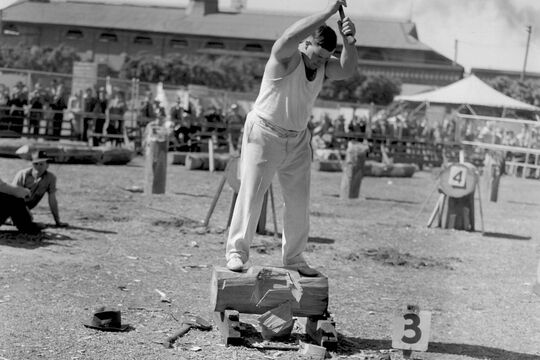Woodchopper in action at the Brisbane Exhibition, 1947.