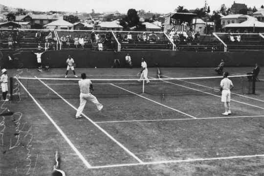 Edgar Moon and Harry Hopman versus Vivian McGrath and Adrian Quist in a tennis match at Milton, 1933.