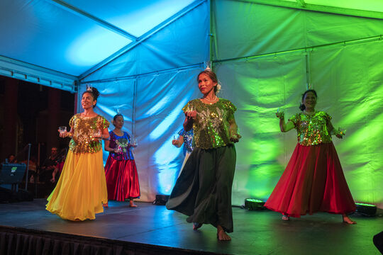 Five members of the Filipino Australian Cultural Dance group perform in Chinatown Mall during the Lunar New Year event, Fortitude Valley, February 2021. 