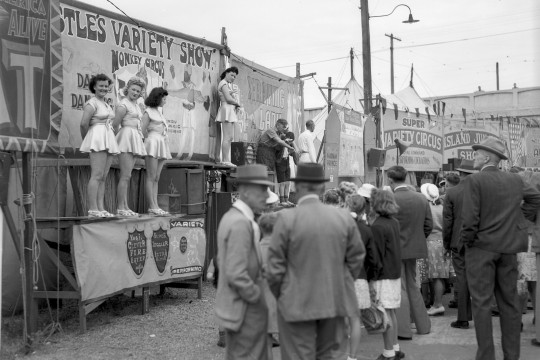 Young sideshow dancers at the Royal National Show, Brisbane, 1948.