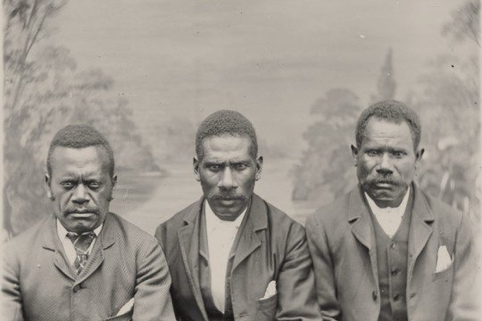 Studio portrait of three South Sea Islander men in Queensland