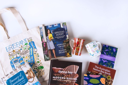 Flat lay of the library shop products. 