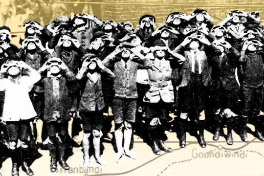 A group of people in vintage attire, standing closely together, look upward through binoculars. The background features a faint map and a yellowish tint.