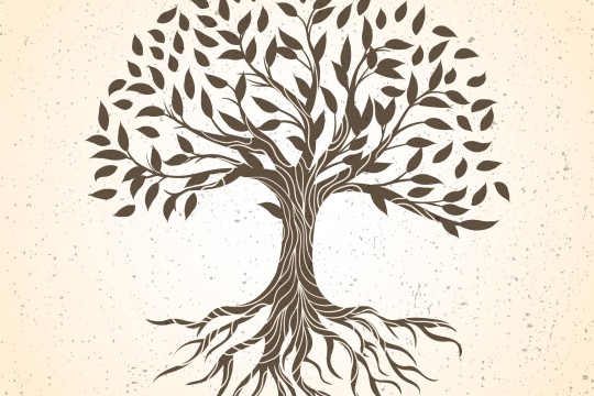 Hand drawn brown tree of life showing leaves, branches and roots.