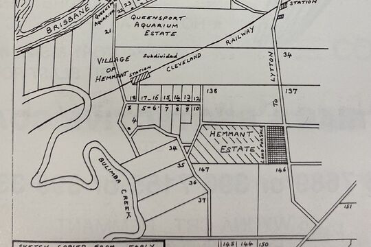 A hand-drawn map depicting an early real estate plan for Hemmant, showing numbered plots and estate boundaries. The Brisbane River and Bulimba Creek are marked, along with areas labeled "Queensport Aquarium Estate" and "Hemmant Estate." Roads and railway lines are indicated, including the Cleveland and Lytton routes. A note mentions the map is copied from an early plan and references Youngs Road.