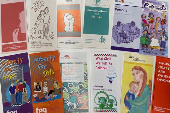 A collection of educational pamphlets from Family Planning Queensland and True Relationships & Reproductive Health. The pamphlet designs vary in colour and illustration style, ranging from vintage to modern.